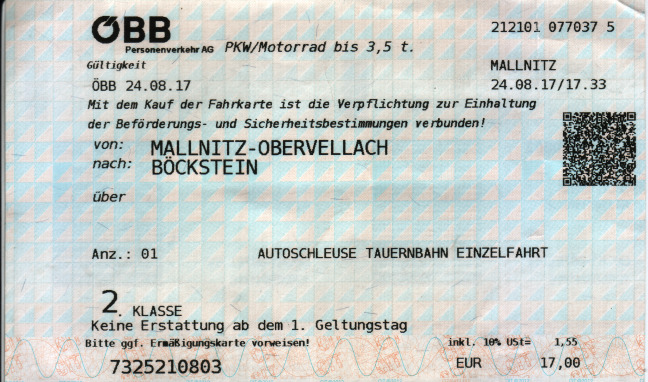 ÖBB Fahrkarte Autoschleuse Tauernbahn